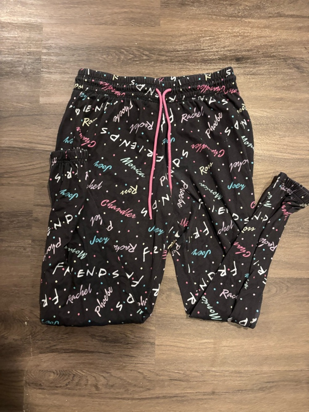 FRIENDS Black Lounge Pajama Pants with Pink Drawstring and Multicolor Script